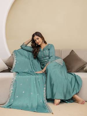 Art Silk Embroidery Sequence Work Kurta Palazzo Set with Dupatta 5