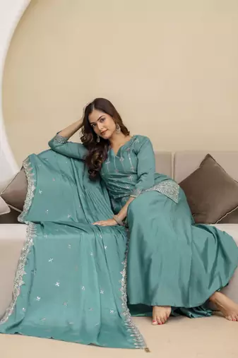 Trendmalls Art Silk Embroidery Sequence Work Kurta Palazzo Set with Dupatta
