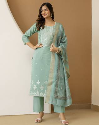 Cotton Silk traditional Embroidery Work Kurta Pant Set with Dupatta 1