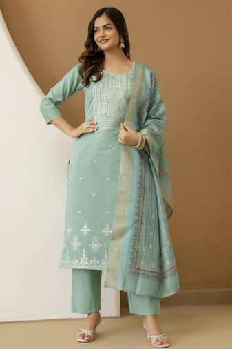 Cotton Silk traditional Embroidery Work Kurta Pant Set with Dupatta