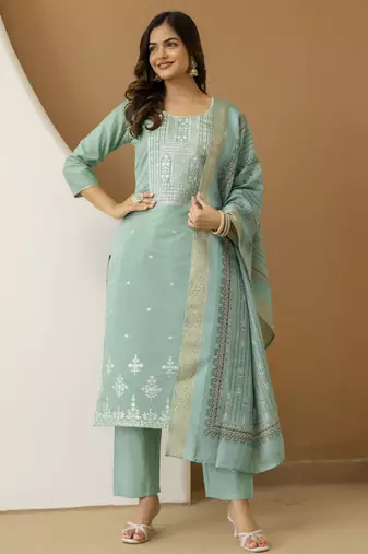 Cotton Silk traditional Embroidery Work Kurta Pant Set with Dupatta