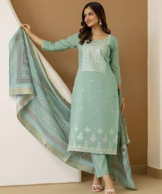 Cotton Silk traditional Embroidery Work Kurta Pant Set with Dupatta 3