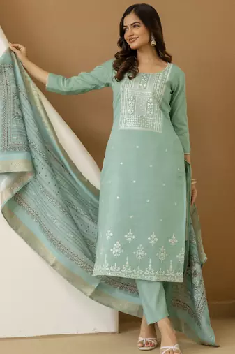 Trendmalls Cotton Silk traditional Embroidery Work Kurta Pant Set with Dupatta