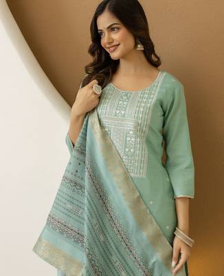 Cotton Silk traditional Embroidery Work Kurta Pant Set with Dupatta 5