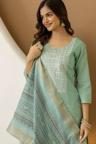 Trendmalls Cotton Silk traditional Embroidery Work Kurta Pant Set with Dupatta