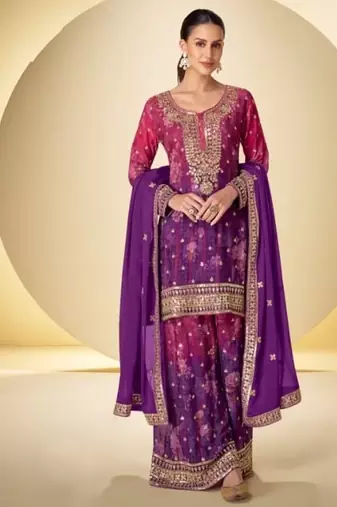Purple heavy chinon silk full stitched free size upto 42 gharara suits