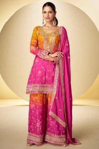 Orange heavy chinon silk full stitched free size upto 42 gharara suits