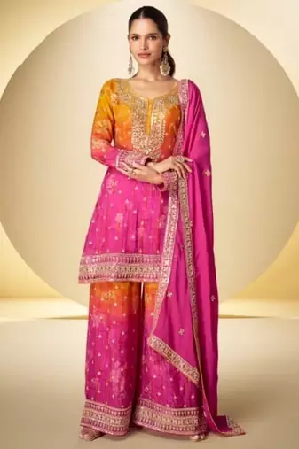 Orange heavy chinon silk full stitched free size upto 42 gharara suits