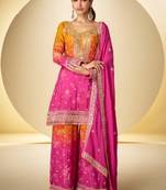 Orange heavy chinon silk full stitched free size upto 42 gharara suits