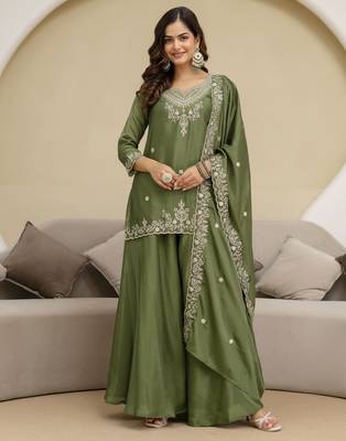 Trendmalls Art Silk Embroidery Sequence Work Designer Kurta Palazzo Set with Dupatta 1