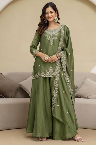 Trendmalls Art Silk Embroidery Sequence Work Designer Kurta Palazzo Set with Dupatta