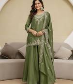 Trendmalls Art Silk Embroidery Sequence Work Designer Kurta Palazzo Set with Dupatta