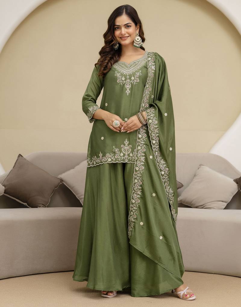 Art Silk Embroidery Sequence Work Designer Kurta Palazzo Set with Dupatta