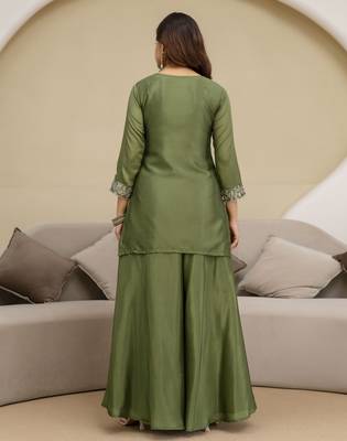 Trendmalls Art Silk Embroidery Sequence Work Designer Kurta Palazzo Set with Dupatta 2