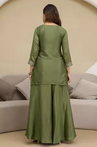 Trendmalls Art Silk Embroidery Sequence Work Designer Kurta Palazzo Set with Dupatta