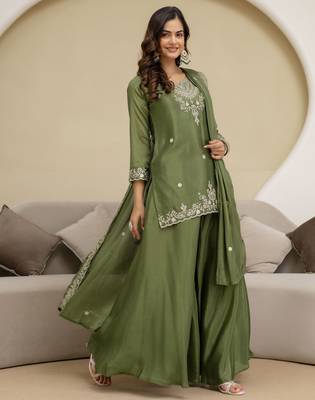 Trendmalls Art Silk Embroidery Sequence Work Designer Kurta Palazzo Set with Dupatta 3