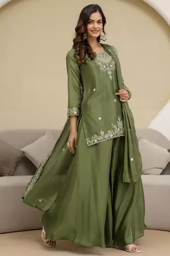 Trendmalls Art Silk Embroidery Sequence Work Designer Kurta Palazzo Set with Dupatta