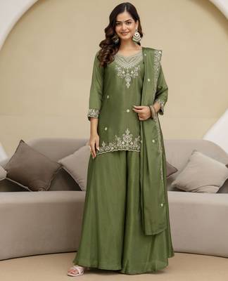 Trendmalls Art Silk Embroidery Sequence Work Designer Kurta Palazzo Set with Dupatta 4