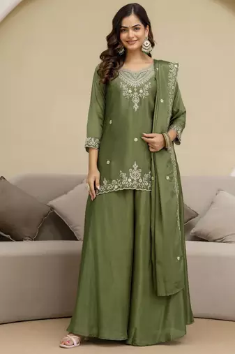 Trendmalls Art Silk Embroidery Sequence Work Designer Kurta Palazzo Set with Dupatta