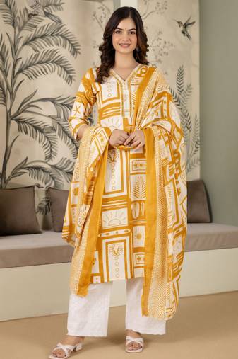 Trendmalls Yellow Pure Cotton Embroidery Work Printed Kurta Pant with Dupatta Set