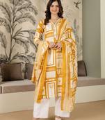Trendmalls Yellow Pure Cotton Embroidery Work Printed Kurta Pant with Dupatta Set