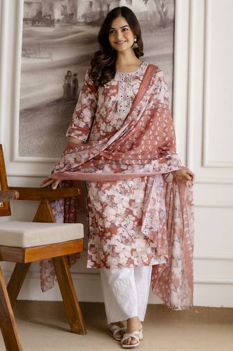 Trendmalls Peach pure cotton embroidery work printed kurta pant with dupatta set stitched