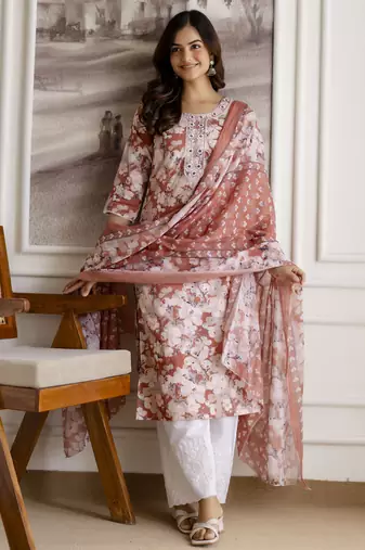 Peach pure cotton embroidery work printed kurta pant with dupatta set stitched