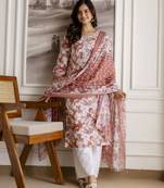 Trendmalls Peach pure cotton embroidery work printed kurta pant with dupatta set stitched