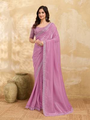 Pink Tussar Silk Embroidery Work Saree with Unstitch Blouse Piece 1
