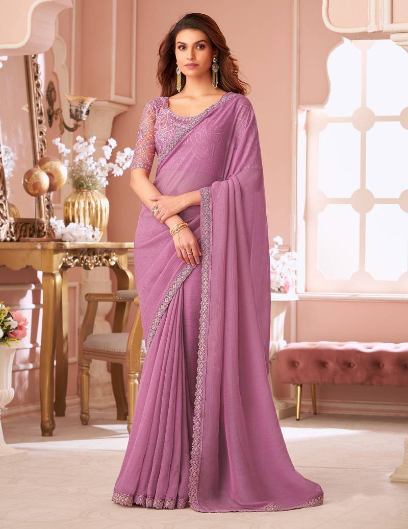 Pink Tussar Silk Embroidery Work Saree with Unstitch Blouse Piece