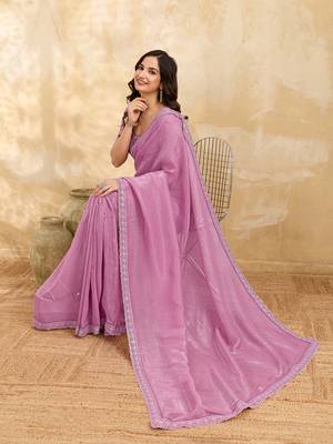 Pink Tussar Silk Embroidery Work Saree with Unstitch Blouse Piece 3
