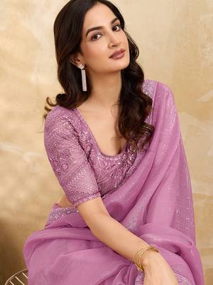 Pink Tussar Silk Embroidery Work Saree with Unstitch Blouse Piece 4