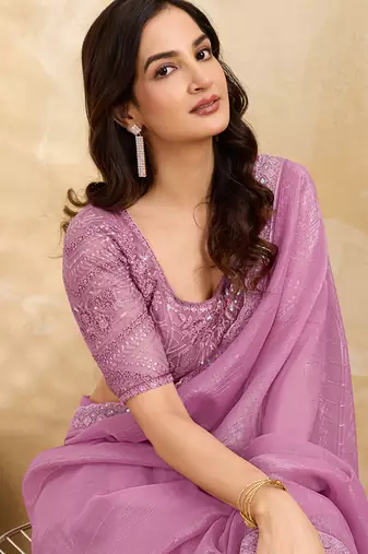 Trendmalls Pink Tussar Silk Embroidery Work Saree with Unstitch Blouse Piece