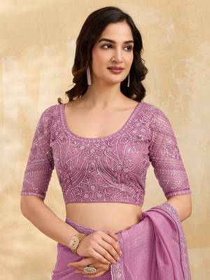 Pink Tussar Silk Embroidery Work Saree with Unstitch Blouse Piece 5
