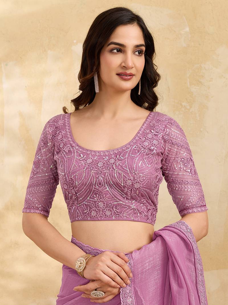 Pink Tussar Silk Embroidery Work Saree with Unstitch Blouse Piece