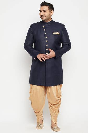 navy blue and rose gold silk blend sherwani set