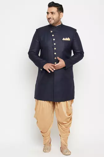 Plus navy blue and rose gold silk blend sherwani set