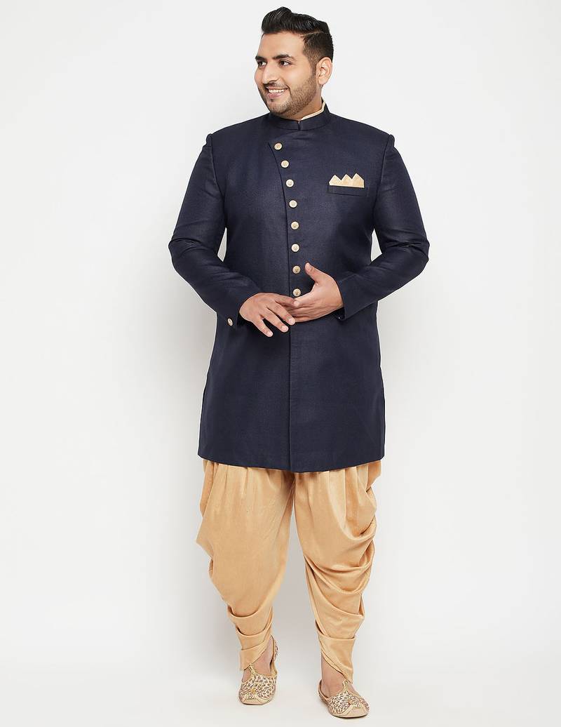 Plus navy blue and rose gold silk blend sherwani set