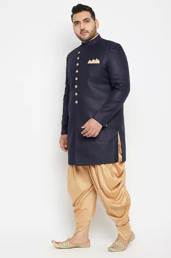 navy blue and rose gold silk blend sherwani set