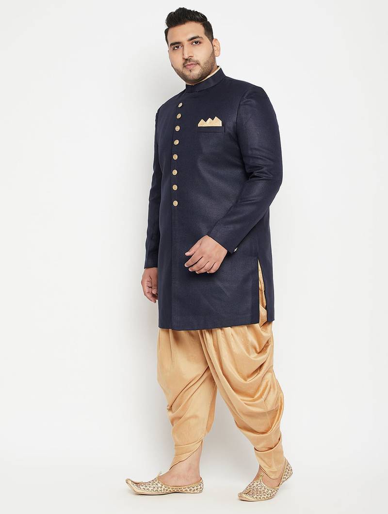 Plus navy blue and rose gold silk blend sherwani set