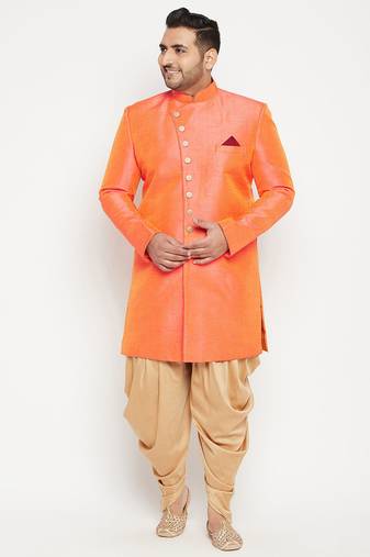 orange and rose gold silk blend sherwani set