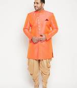 orange and rose gold silk blend sherwani set