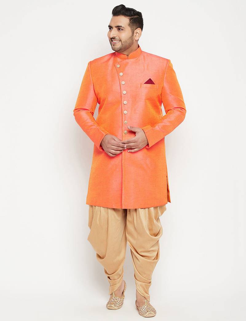 Plus orange and rose gold silk blend sherwani set