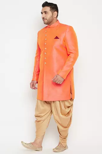 orange and rose gold silk blend sherwani set