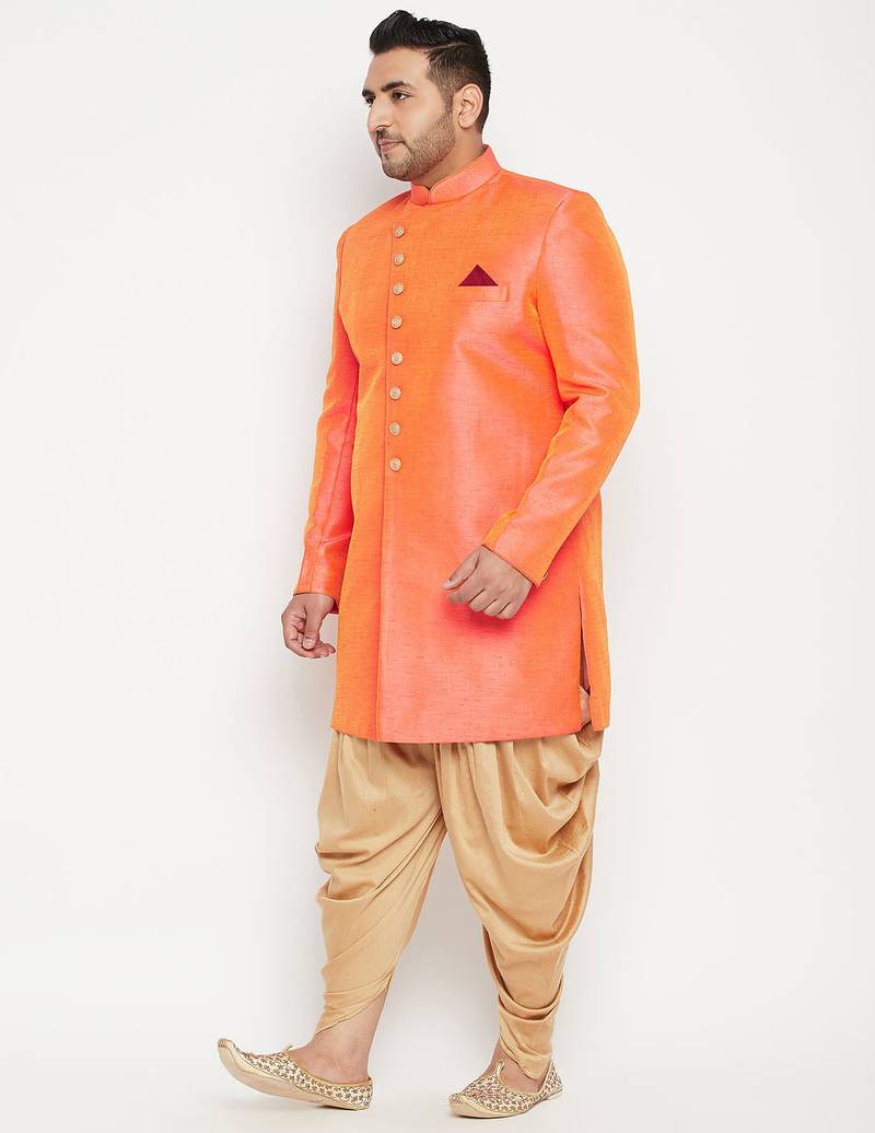 Plus orange and rose gold silk blend sherwani set