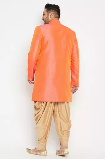 orange and rose gold silk blend sherwani set