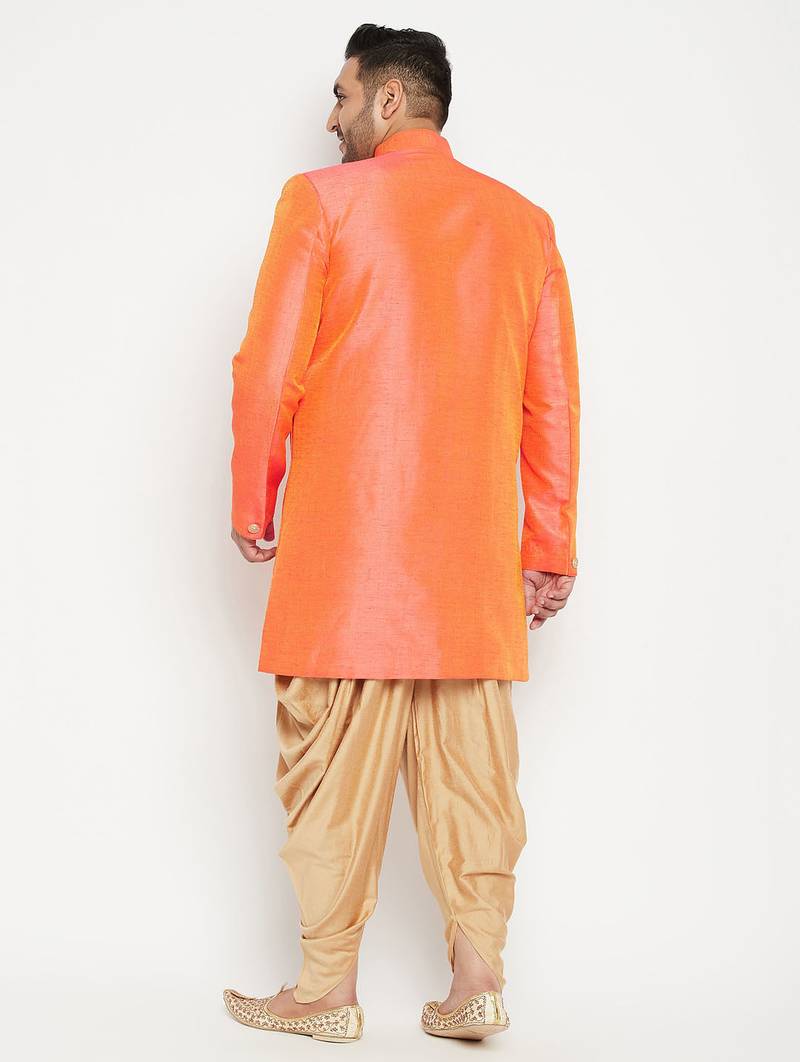Plus orange and rose gold silk blend sherwani set