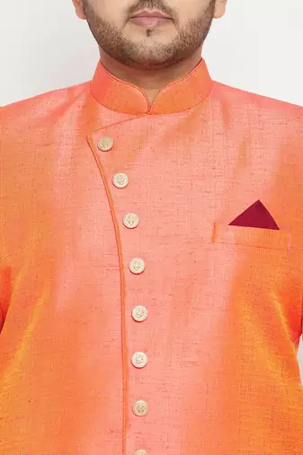 orange and rose gold silk blend sherwani set