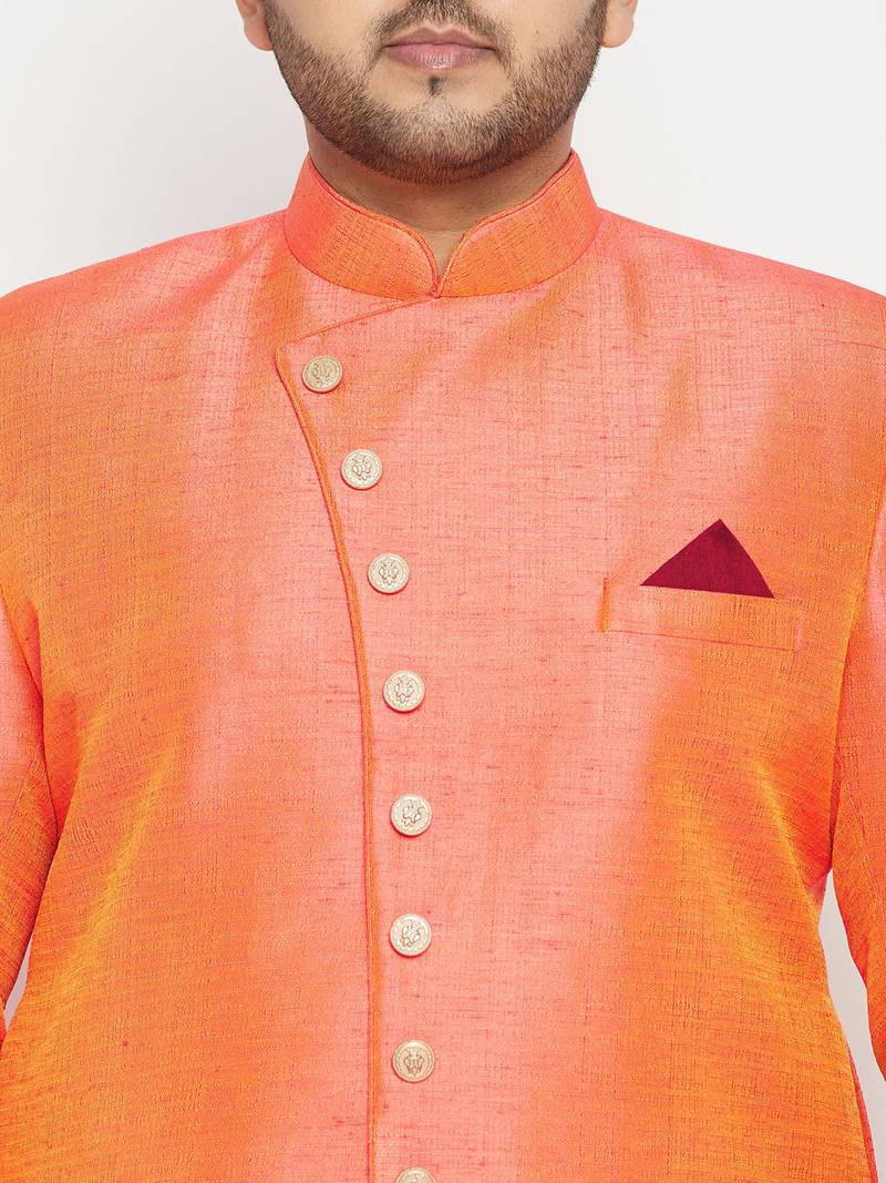 Plus orange and rose gold silk blend sherwani set
