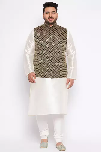 Plus cream silk blend jacket kurta pyjama set